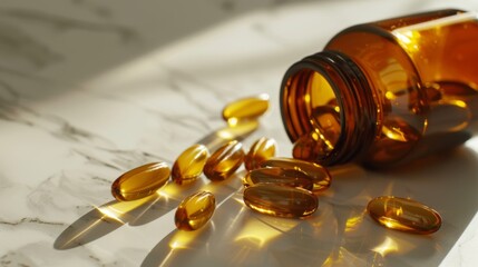 An amber glass bottle tipped over, releasing gleaming capsules onto a sleek marble surface, illuminated by sunlight, evoking themes of health and wellness, captured beautifully.