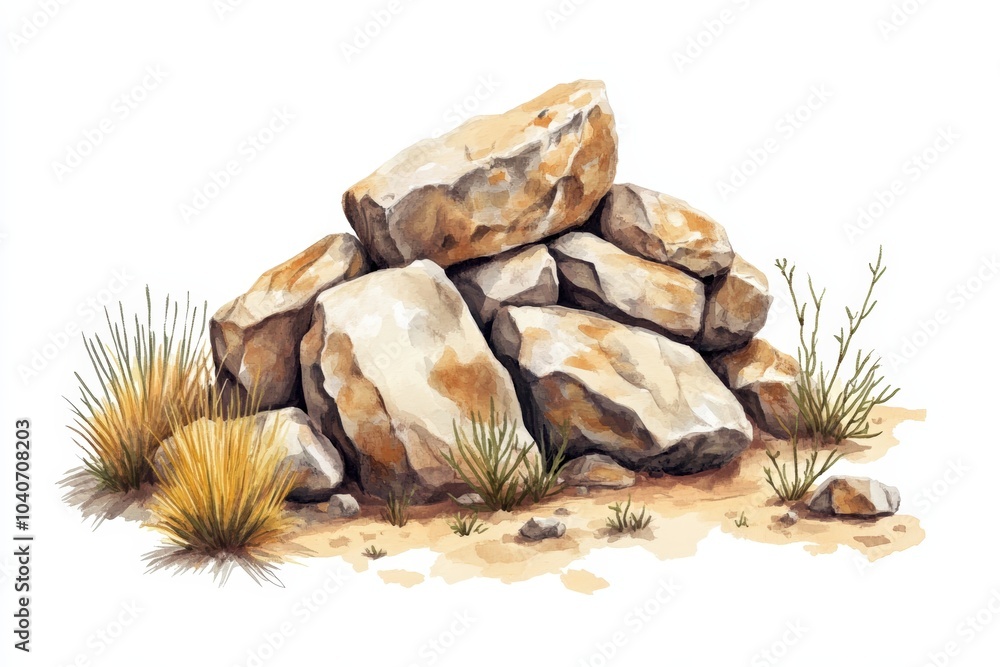 Poster stack of rocks with grass, white isolated background.