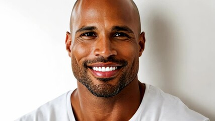 A bald man with a beard smiles warmly at the camera while wearing a white t-shirt