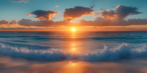 A serene sunset over the ocean, with vibrant colors of orange and blue reflecting on gentle waves under a sky dotted with fluffy clouds.