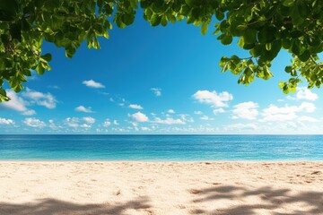 Tranquil beach scene with clear blue sky and gentle waves, framed by lush green leaves.