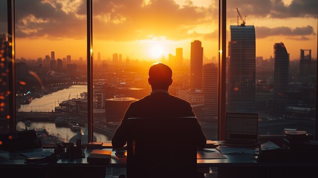 A man is sitting at a desk in front of a window overlooking a city. The sun is setting, casting a warm glow over the buildings. The man is focused on his work, possibly working on a laptop