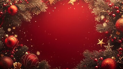 Christmas red background with decorative frame of Christmas tree ornaments