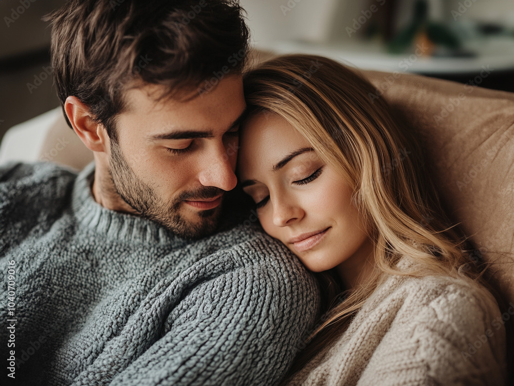 Wall mural young couple snuggling on a sofa looking peaceful