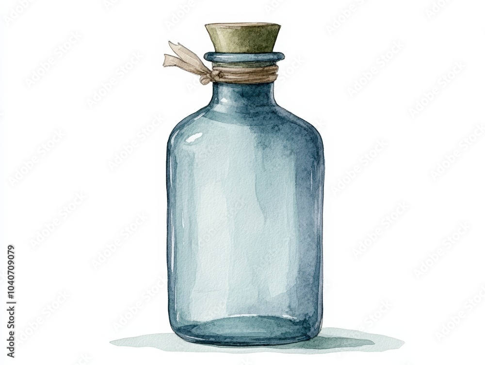 Wall mural glass bottle with cork and twine on a white isolated background.