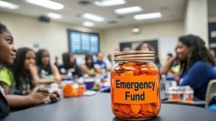 A glass jar labeled "Emergency Fund" sits on a table in a classroom, surrounded by a group of diverse students.