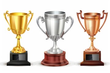 Fototapeta premium Trophy cups, golden goblet, silver reward, champion bowls. Contest winner award collection, prize cup
