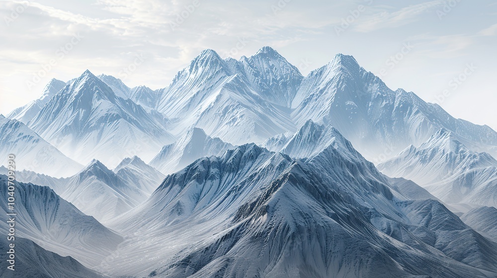 Poster a mountain range with peaks that seem to shift and change shape, forming new patterns