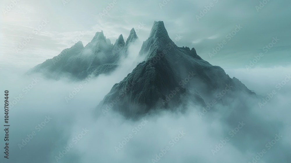 Poster a mountain range with peaks that float above the ground, surrounded by mist that forms strange shape