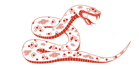 Obraz premium Red linear chinese snake with ornament. Symbol of 2025 Lunar New Year isolated on white background. Vector decorative reptile for festive design, poster, banner, sticker. Editable stroke
