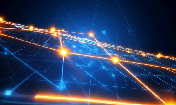 Animated video showcasing a network of glowing lines and nodes connecting in a dynamic and futuristic style, with blue and orange hues.