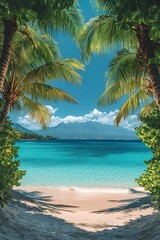 Fototapeta premium A tranquil tropical beach framed by lush palm trees, overlooking turquoise waters and distant mountains under a clear blue sky.