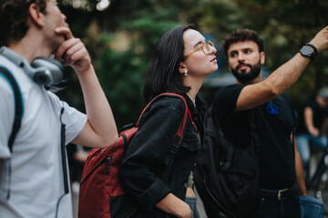 Obraz premium A group of students is outside with their professor, actively engaging in a learning activity. The setting is outdoors, bringing an interactive and dynamic element to the educational experience.