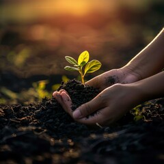 Fototapeta premium Two people holding young plant sprouting from soil, people hands cradle, growth and care plant