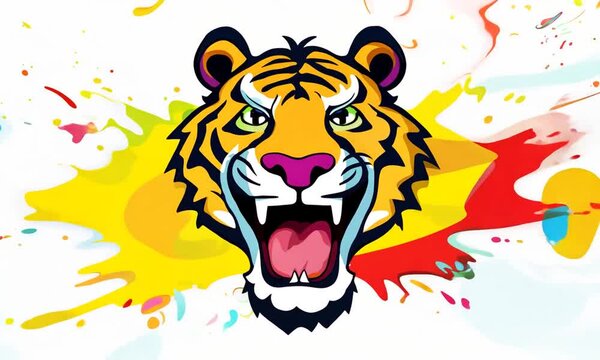 Animated cartoon of a tiger's face with colorful paint splatters and streaks surrounding it, creating a vibrant and energetic design.