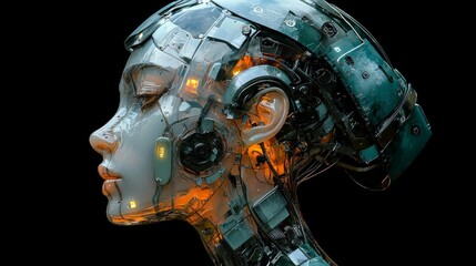 Fototapeta premium Futuristic robotic head with intricate details. This artwork showcases a blend of technology and beauty. Perfect for tech enthusiasts and artists. Explore the future of robotics. AI.