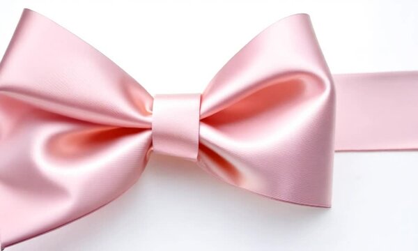 A close-up shot of a pink satin bow with a ribbon. The camera slowly focuses on the bow's details, revealing its soft texture and delicate folds.