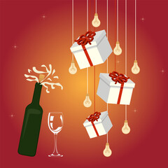 Christmas and New Year icon. Gifts, presents boxes Sparkling wine bubbles vector illustration design isolated