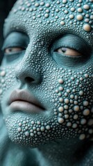 Alien-like face with textured skin and closed eyes, evoking a surreal, otherworldly feel, AI