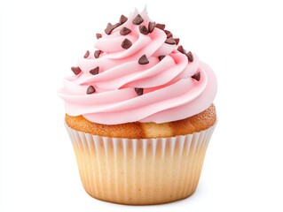 Delicious cupcake with pink frosting and chocolate chips, isolated on white background.