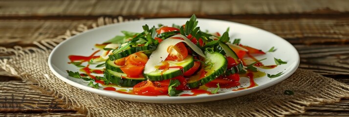 Vegetable Salad, Vegetarian Salat with Smoked Cheese, Sliced Cucumbers, Tomatoes and Greens