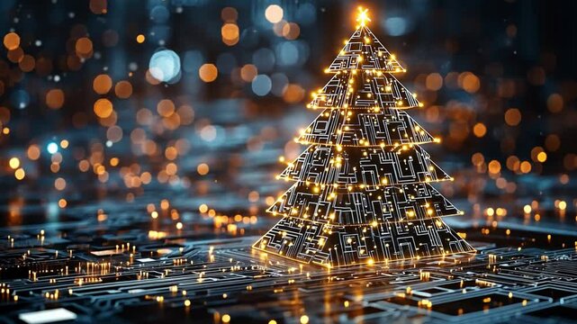 A digital Christmas tree glowing with lights on a circuit board background during the holiday season