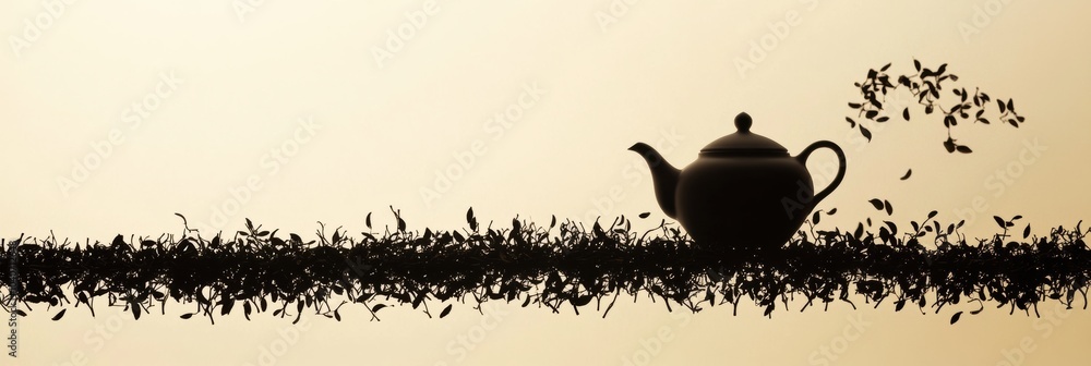 Poster a teapot silhouette gracefully morphs into tea leaves, creating a visually captivating abstract desi