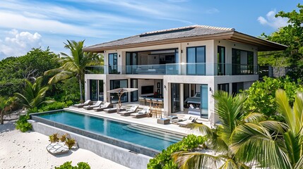 Fototapeta premium Amazing modern house with huge infinity pool and tropical garden.