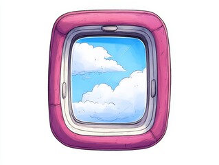 Airplane window view with fluffy clouds and blue sky, white isolated background.