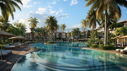 Fototapeta premium This is a beautiful image of a tropical resort. There are palm trees, a swimming pool, and a few lounge chairs.