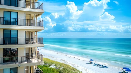 Amazing view of the beach from a condo balcony. The beach is white and sandy, and the water is a beautiful blue-green color.