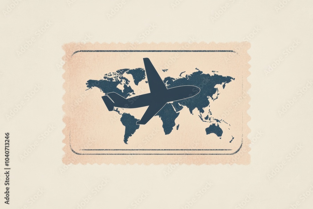 Poster A passport stamp silhouette is showcased with an airplane above a subtle world map, evoking the theme of global exploration. Generative AI