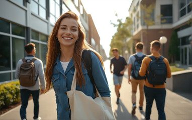 Fototapeta premium Red-haired girl student, a high school student with her friends walks along the sunny streets of the city.