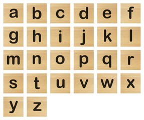 Lower case alphabet wood blocks on white with clipping path