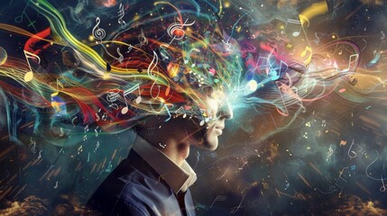 Obraz premium A man's head is engulfed in a colorful explosion of musical notes, representing the power of music and creativity.