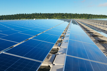 Floating Solar Panel Array on Serene Water with Verdant Forested Horizon