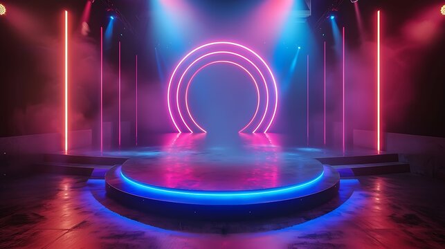 3D rendering of an empty stage with a circular neon frame in the center. The stage is lit by spotlights and there is a fog on the floor.
