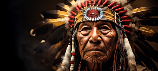 Obraz premium Elderly Native American man wearing traditional attire and feathered headdress in an indoor setting