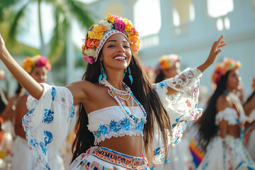 Mujeres panameñas en traje folclórico iluminan las calles coloniales con su danza y música en las celebraciones de las fiestas patrias.