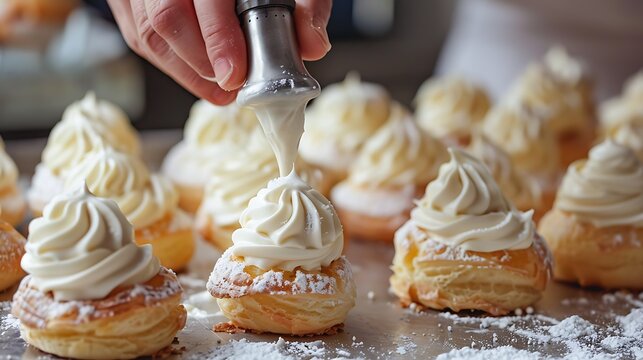 A close-up image of a pastry chef piping cream onto a cream puff. The cream puff is sitting on a baking sheet with other cream puffs.