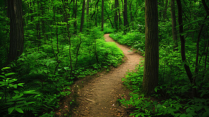 Obraz premium The lush green foliage of the forest creates a vibrant scene. The path winds through the trees, leading the viewer into the heart of the woods.