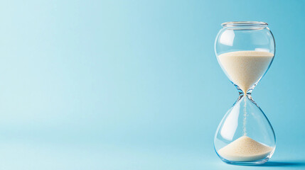 Clear Glass Hourglass with Flowing Sand on a Light Blue Background. Minimalist Time Concept with Copy Space.