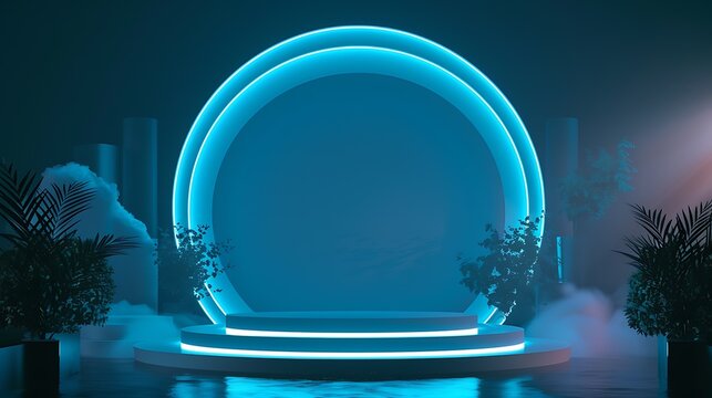 3d rendering of a futuristic stage with a glowing blue neon circle and plants.