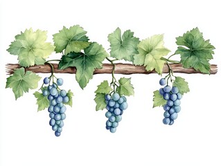 Vibrant grapes and green leaves on a vine, white isolated background.