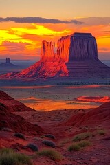 Naklejka premium Stunning sunset view of Monument Valley with dramatic red rock formations and a vibrant sky.