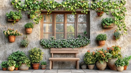 Cozy garden wall with plants and a bench for relaxation.