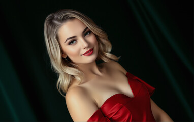 Naklejka premium Portrait Attractive young woman in red dress. Outfit for New Year's party.
