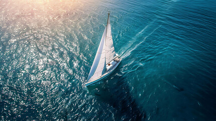 The image shows a sailboat on the open ocean. The sun is shining and the water is calm. The boat is white and has a single sail.