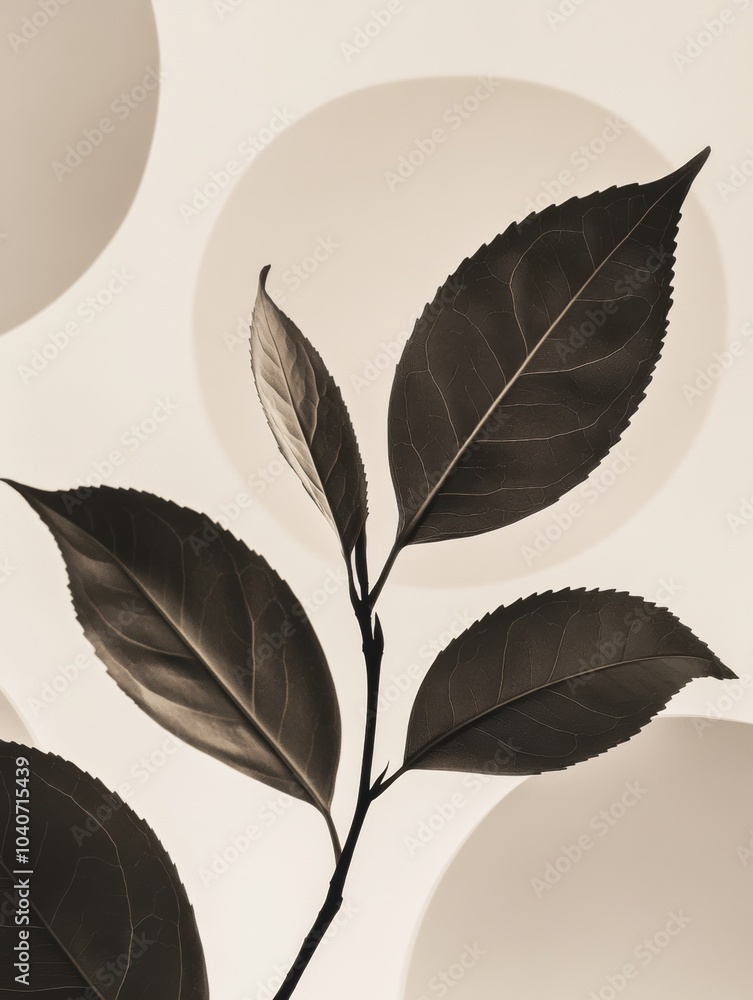 Poster the elegant silhouette of a tea leaf branch contrasts beautifully with a smooth, light background fe