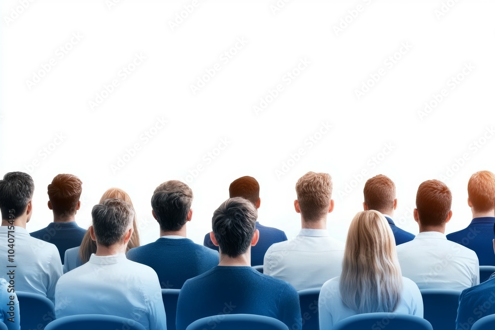 Poster A group of people sit in a row of chairs in a theater